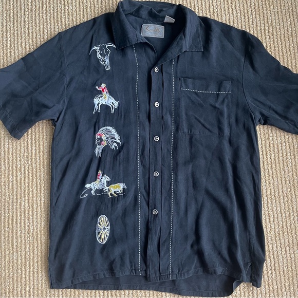 Scully Mens Western Charm Embroidered Black Button Down Silk Shirt Size Medium - Picture 5 of 11